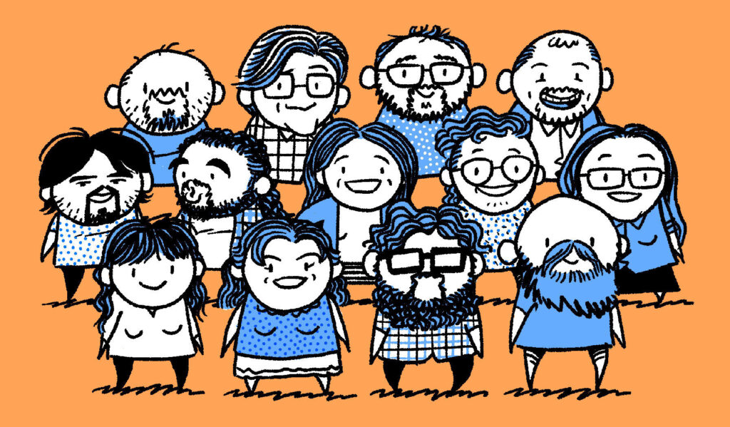 A comic version of the 13 artists and writers that created Squishbook