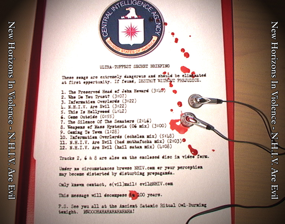 The back cover of the N.H.I.V. Are Evil CD, including a blood-spattered tracklist